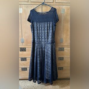 Navy Fully Lined Intricate Lace Midi Dress with Sequin Accents